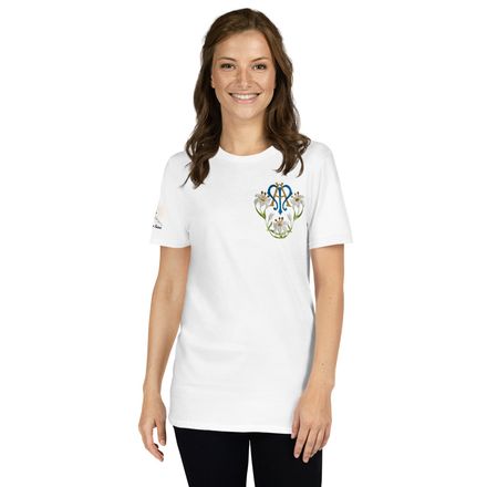 Unisex Basic Softstyle T-Shirt, Auspice Maria, Crest with flowers, qfko6t, left chest