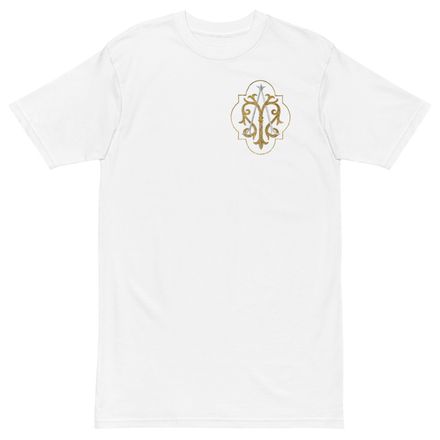 Men&#x27;s Premium Heavyweight Tee, Auspice Maria, Crest with outer edge, kdegvj, left chest