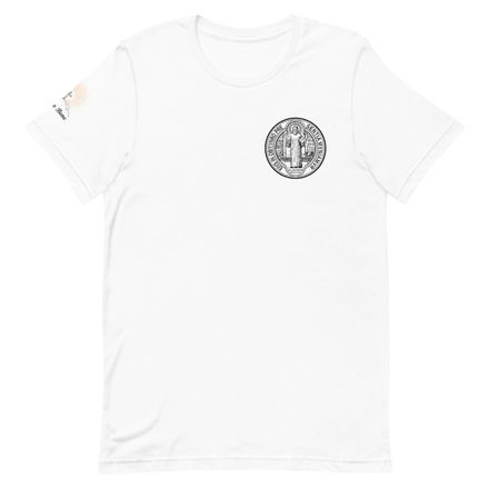 Unisex Staple T-Shirt, St. Benedict Medal, filt5a design, left chest, large back