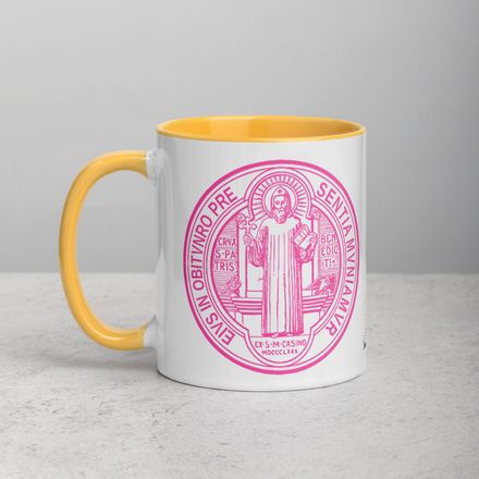 White Ceramic Mug with Color Inside, 11oz &amp; 15oz, St. Benedict Medal, filt5a design, pink