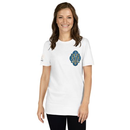 Unisex Basic Softstyle T-Shirt, Auspice Maria, Crest with rounded Cross, u3bkt0, left chest