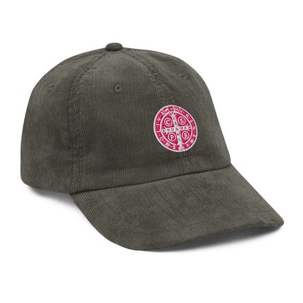 Vintage Corduroy Cap, St. Benedict Medal, qiretu design, pink