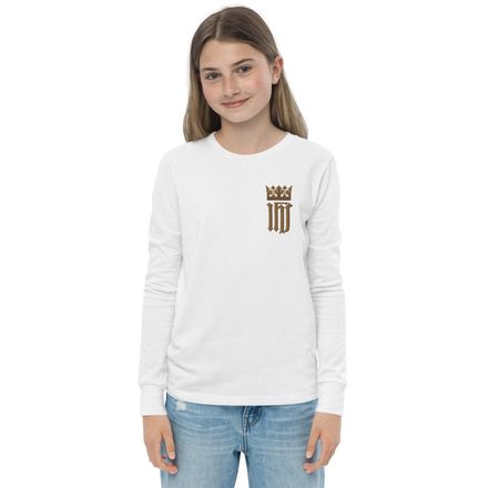 Embroidered Youth Long Sleeve Tee, IHS with Crown, Golden Pattern, nlxdo1, left chest