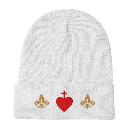 Knit Beanie, Sacred Heart of Jesus, 7ugqf9 design, Fleur de Lys