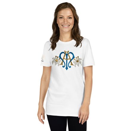 Unisex Basic Softstyle T-Shirt, Auspice Maria, Crest with side flowers, hlduri