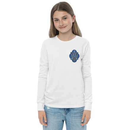 Embroidered Youth Long Sleeve Tee, Auspice Maria, Crest with rounded Cross, u3bkt0, left chest