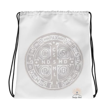 Drawstring Bag, St. Benedict Medal, 4ouume design, white