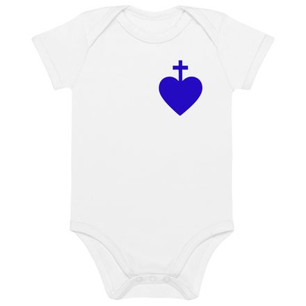 Organic Cotton Baby Bodysuit, Sacred Heart of Jesus, 7ugqf9 design, blue, left chest
