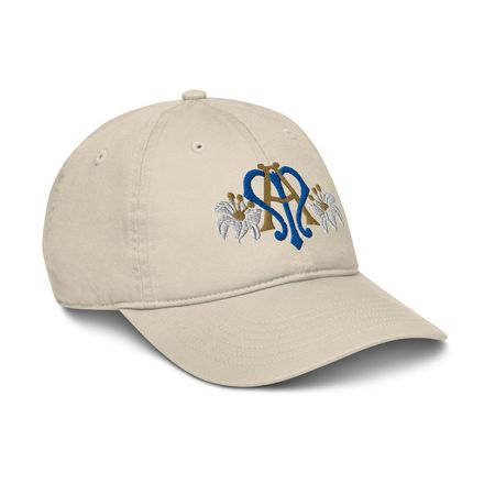 Organic Baseball Cap, Auspice Maria, Crest with side flowers, hlduri