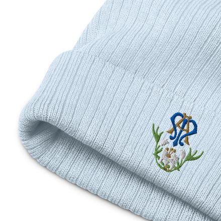 Ribbed Knit Beanie, Auspice Maria, Crest with bottom flowers, ber1mq
