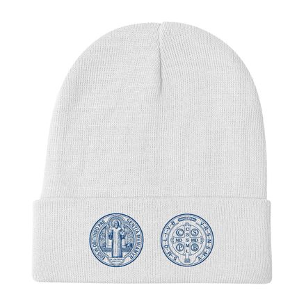 Knit Beanie, St. Benedict Medal, filt5a design, blue