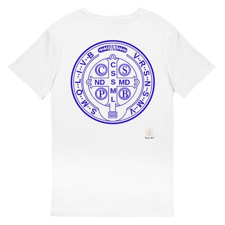Men&#x27;s Premium Cotton T-Shirt, St. Benedict Medal, filt5a design, back print, blue
