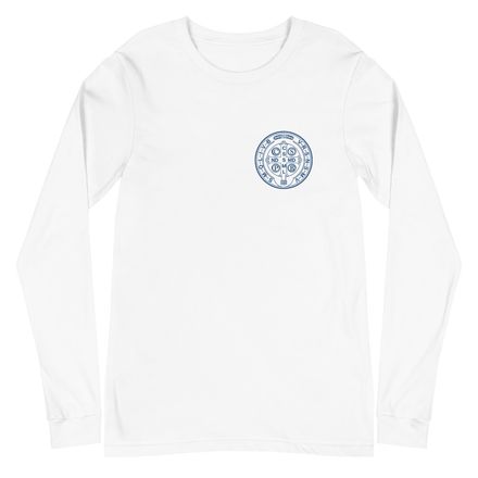 Embroidered Unisex Long Sleeve Tee, St. Benedict Medal, 16k4ku design, blue, left chest
