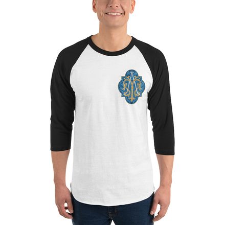 Unisex 3/4 Sleeve Raglan Shirt, Auspice Maria, Crest with rounded Cross, u3bkt0, left chest