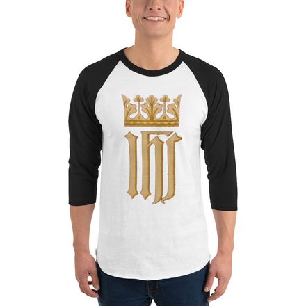 Unisex 3/4 Sleeve Raglan Shirt, IHS with Crown, Golden Pattern, nlxdo1 