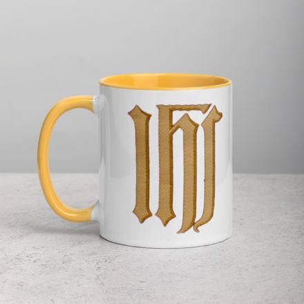 White Ceramic Mug with Color Inside, 11oz &amp; 15oz, IHS, Golden Pattern, gedziz