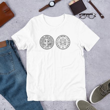 Embroidered Unisex Staple T-Shirt, St. Benedict Medal, filt5a design