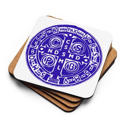 Cork-Back Coaster, St. Benedict Medal, 4ouume design, blue