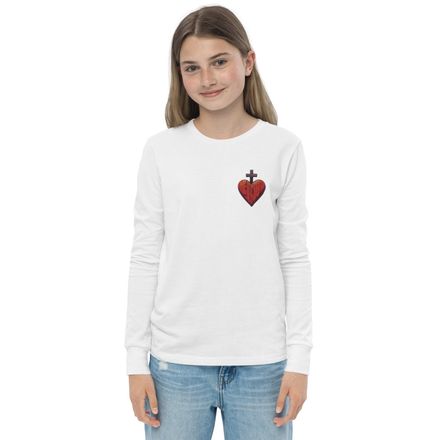 Embroidered Youth Long Sleeve Tee, Sacred Heart of Jesus, 9i93k9 design, left chest