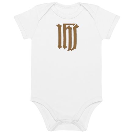Embroidered Organic Cotton Baby Bodysuit, IHS, Golden Pattern, gedziz