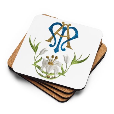 Cork-Back Coaster, Auspice Maria, Crest with bottom flowers, ber1mq