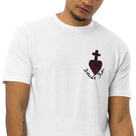 Embroidered Men&#x27;s Premium Heavyweight Tee, Sacré Coeur, Dieu de Roi, Vendée, obymh4 , left chest