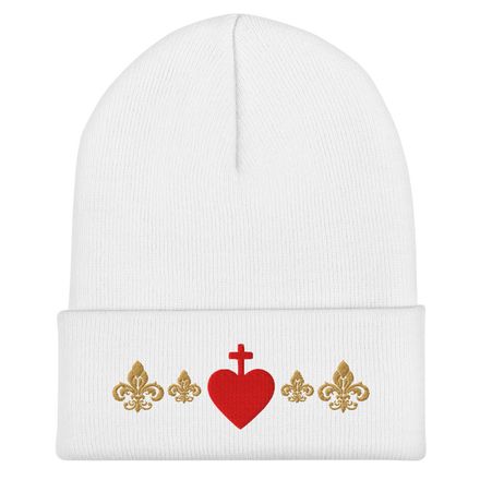 Cuffed Beanie, Sacred Heart of Jesus, 7ugqf9 design, Fleur de Lys, wave pattern
