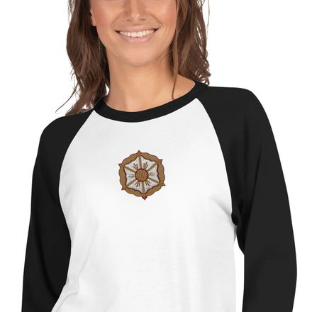 Embroidered Unisex 3/4 Sleeve Raglan Shirt, Monstrance with Golden Pattern, eneyoj