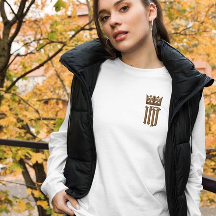 Embroidered Unisex Long Sleeve Tee, IHS with Crown, Golden Pattern, nlxdo1, left chest