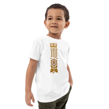 Organic Cotton Kids T-Shirt, IHS Stripe With Crown and Monstrance, vw6yal, right chest