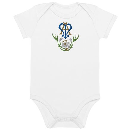 Embroidered Organic Cotton Baby Bodysuit, Auspice Maria, Crest with bottom flowers, ber1mq