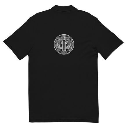 Unisex Pique Polo Shirt, St. Benedict Medal, filt5a design, white, reversed, with back image