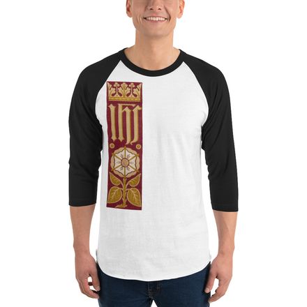 Unisex 3/4 Sleeve Raglan Shirt, IHS Stripe With Crown and Monstrance, Red, yok2qk, right chest
