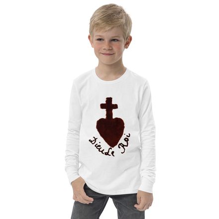 Youth Long Sleeve Tee, Sacré Coeur, Dieu de Roi, Vendée Chouan, obymh4 design