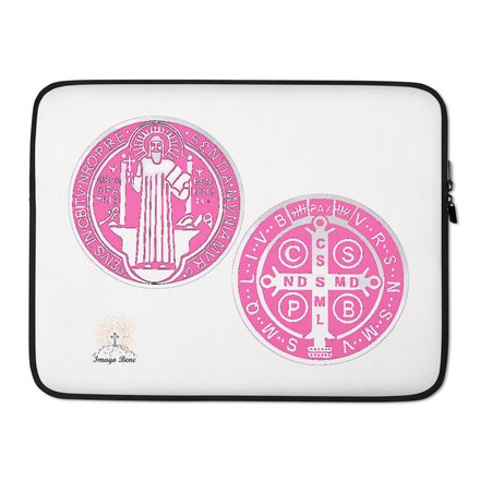 Laptop Sleeve, St. Benedict Medal, idjfae design, pink