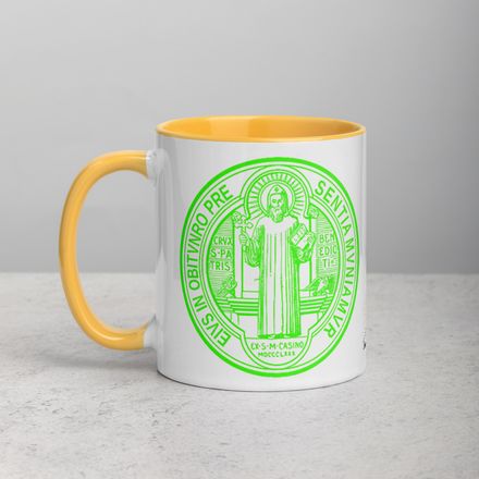 White Ceramic Mug with Color Inside, 11oz &amp; 15oz, St. Benedict Medal, filt5a design, bright green