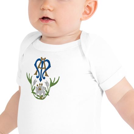 Embroidered Baby Short Sleeve One Piece, Auspice Maria, Crest with bottom flowers, ber1mq