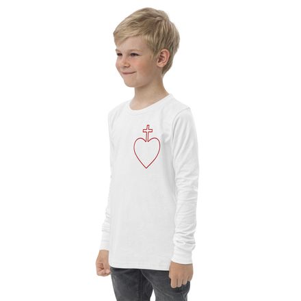 Youth Long Sleeve Tee, Sacred Heart of Jesus, 7ugqf9 hollow design, left chest