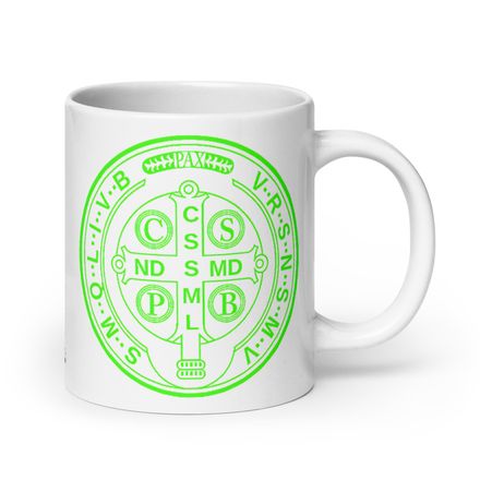   White Glossy Mug, 20oz, St. Benedict Medal, filt5a design, bright green