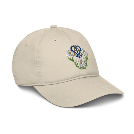 Organic Baseball Cap, Auspice Maria, Crest with flowers, qfko6t