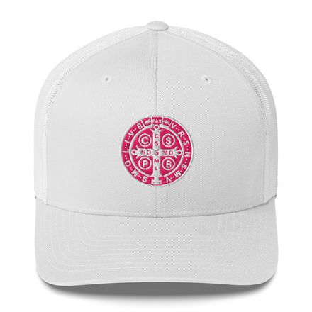 Retro Trucker Hat, St. Benedict Medal, qiretu design, pink