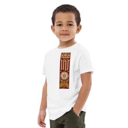 Organic Cotton Kids T-Shirt, IHS Stripe With Crown and Monstrance, Red, yok2qk, left chest
