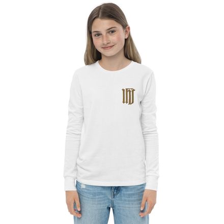 Embroidered Youth Long Sleeve Tee, IHS, Golden Pattern, gedziz, left chest