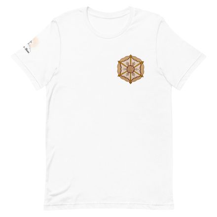 Unisex Staple T-Shirt, Monstrance with Golden Pattern, eneyoj, left chest