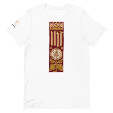 Unisex Staple T-Shirt, IHS Stripe With Crown and Monstrance, Red, yok2qk