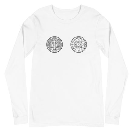 Embroidered Unisex Long Sleeve Tee, St. Benedict Medal, filt5a design