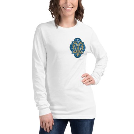 Unisex Long Sleeve Tee, Auspice Maria, Crest with rounded Cross, u3bkt0, left chest