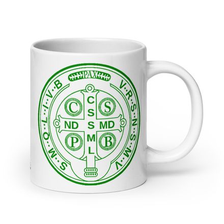   White Glossy Mug, 20oz, St. Benedict Medal, filt5a design, green