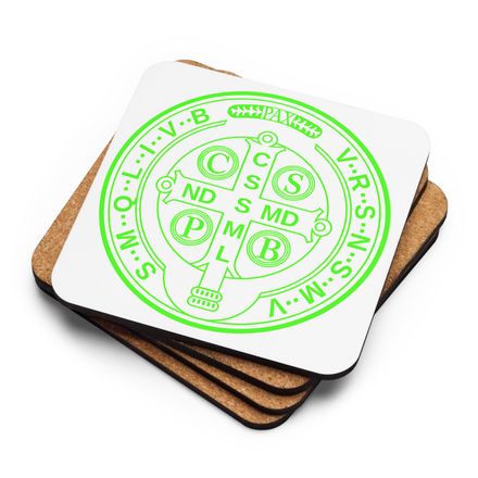 Cork-Back Coaster, St. Benedict Medal, 16k4ku design, bright green