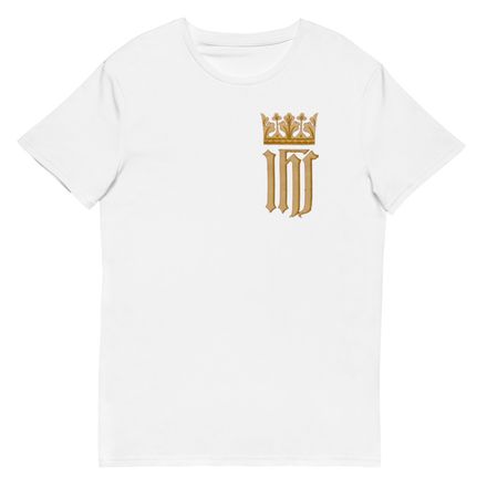 Men&#x27;s Premium Cotton T-Shirt, IHS with Crown, Golden Pattern, nlxdo1, left chest